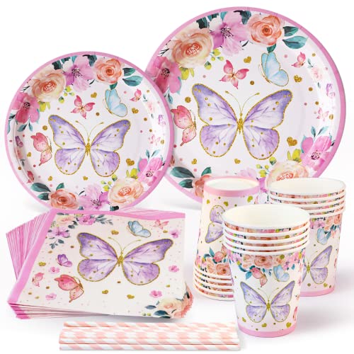 Butterfly Birthday Party Supplies Butterfly Paper Plates Set For 25 Guests Butterfly Theme Party Decorations Plates And Napkins Cups Straws Disposable Tableware Sets Girls Baby Shower Decorations #TOP1