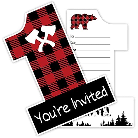 YXK035-Haizct 15 Pack Lumberjack Channel The Flannel First Birthday Party For Teens Adults,Baby Shower Wedding Shaped Fill-In Invitations Cards with Envelopes,Buffalo Plaid First Birthday Party Cover