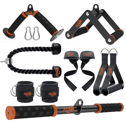 Fitarc Cable Machine Attachment Set for Home Gym LAT Pulldown & Tricep Pushdown Attachments with D Handle V Bar Tricep Rope Straight Bar Stirrup Handles Ankle Strap & Lifting Straps
