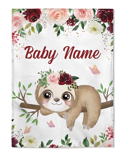 FLOCHIL Personalized Baby Blanket for Girls, Custom Baby Blanket with Name, Customized Sloth Baby Blanket, Gift for Baby Shower, Toddler, Babies, Newborn