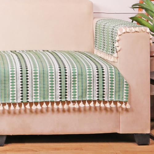 Image of STITCHNEST Woven 3 Seater Sofa Protector with 2 Hand Rest Covers - Green & White Stripe Design - Washable Fabric with Tassels - Stylish Sofa Cover for Modern Living Room & Furniture Decor