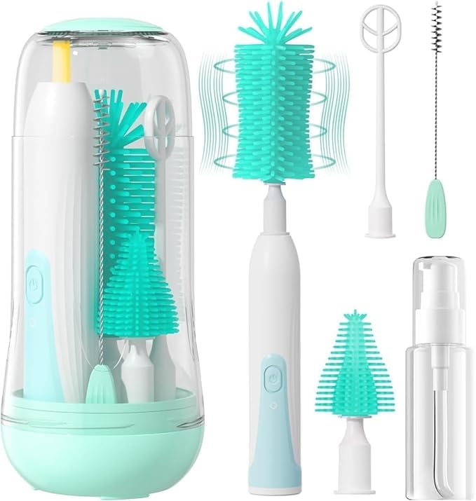 Image of Electric Bottle Brush Cleaner, Baby Travel Electric Bottle Brush Set - Rechargeable Baby Bottle Brush with Nipple & Straw Brush, Mixing Head, Drying Rack - Better Cleaning for Home and Travel, Green
