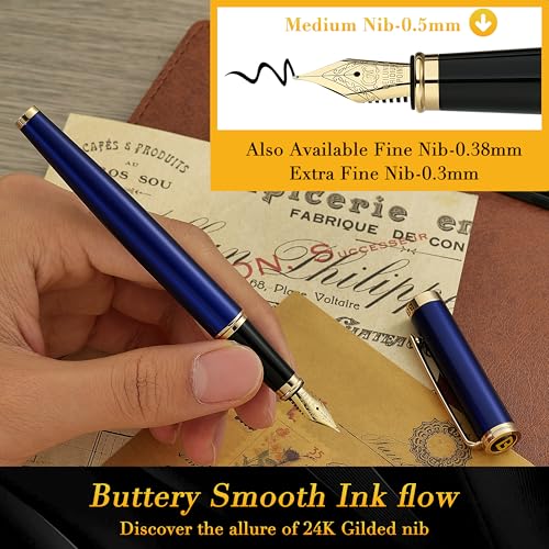 Image of BEILUNER Blue Fountain Pen,Stunning Luxury Pens with 24K Gold Finish, Gorgeous 24K Gilded Nib(Medium), Fancy Pen Gift for Men&Women -Ink Converter-Elegant, Reliable,Nice Pen for Writing