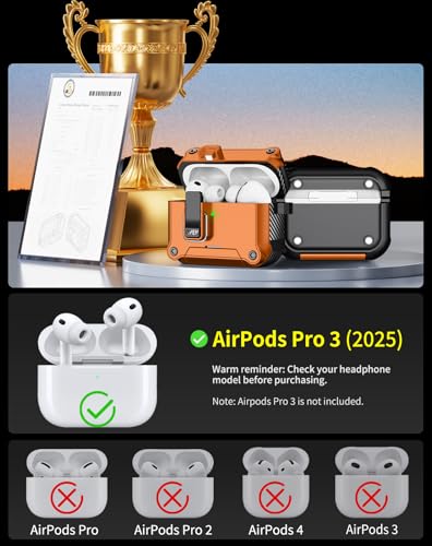 Image of Pohgelan for AirPods Pro 3 Case with Safety Lock-Orange | Magnetic Automatic Lock with Cleaning Kit&Keychain,Compatible with Magsafe
