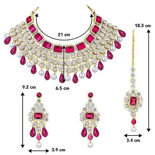 Image of Peora Crystal Choker Necklace with Maang Tikka Earrings Indian Traditional Bridal Wedding Jewellery Set for Women