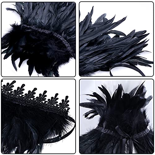 Gothic Real Black Feather Cape Shawl Shoulder Wings Choker Collar with 1 Pair Feather Cuffs, Unisex Fashion Feather Cape Shrug Shawl Stole Poncho, Halloween Cosplay Costume Party for Women Men2