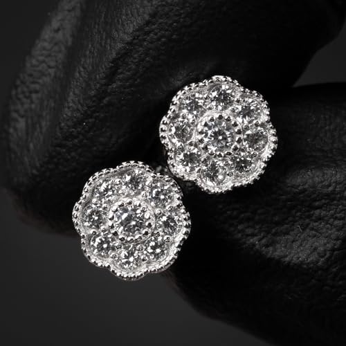 Small Unisex Brilliant Cut 925 Sterling Silver White Gold Plated Round Flower Cluster Halo Hypoallergenic Cz Men's Women's Hip Hop Circle Screw Back Stud Earrings.2