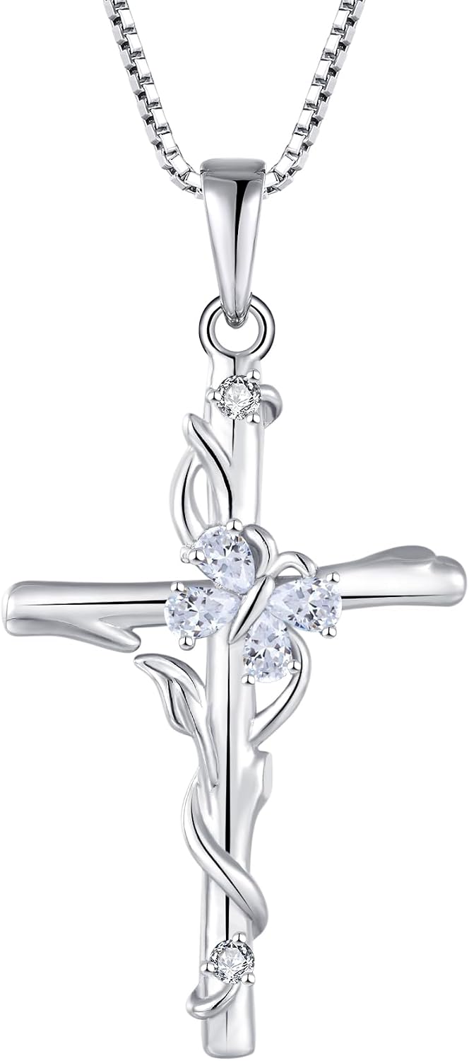 JO WISDOM Cross Butterfly Necklace 925 Sterling Silver Butterfly Birthstone Necklace Created Gemstone Pendant Jewelry Gifts for Women