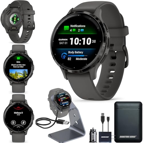 Garmin Venu 3S Running GPS Smartwatch with AMOLED Display, Advanced Health, Fitness Features, Up to 14 Day Battery Life with Signature Power Bundle | Slate with Pebble Gray Silicone Band