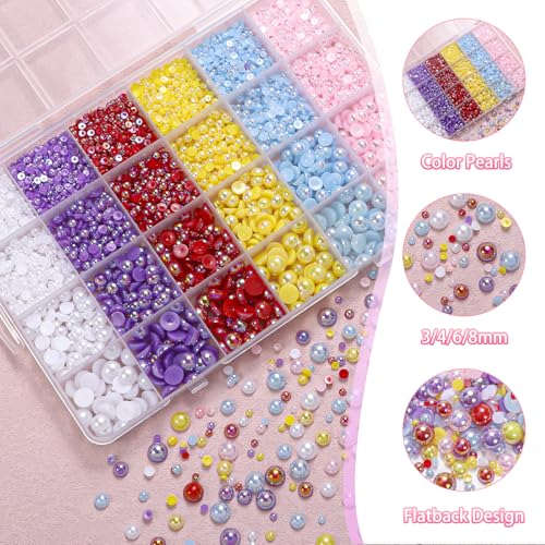 Image of 9000Pcs Flatback Pearls for Crafting, Pink Blue Red Purple White Half Pearls Beads, 3-8mm Color Half Round ABS Flatback Pearl Beads Gems Bedazzling for Nails Art Crafts DIY Shoes Clothes Bags