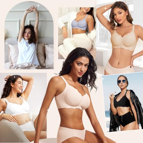 LIIJOO Wireless Seamless Scalloped Bra Full Coverage Push Up Lift No-Underwire Back-Smoothing U-Back Adjustable Straps Hook-and-Eye Breathable Stretch Pads（Blush Pink, XL） — view 6