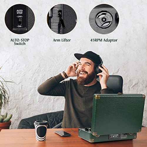Image of Vinyl Record Player 3-Speed Bluetooth Suitcase Portable Belt-Driven Record Player with Built-in Speakers RCA Line Out AUX in Headphone Jack Vintage Turntable Dark Green