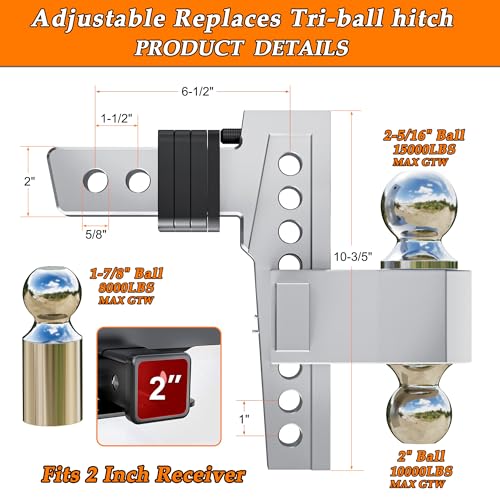 VNN Adjustable Trailer Hitch - 8 Inch Drop 2 Inch Receiver Interchangeable 3 Solid Ball Mount 1-7/8\", 2\", 2-5/16\"(15,000 LBS GTW), Heavy Duty Aluminum Adjustable Drop Hitch with Pads and Locking Sets