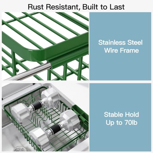 Image of JASIWAY Green Dish Drying Rack Over the Sink with Utensil Holder
