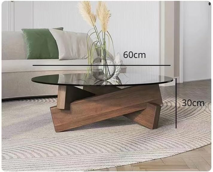 Miniatura 7 de Mesa auxiliar redonda de vidrio con patas de madera maciza para sala de estar (patas de nogal+vidrio gris)