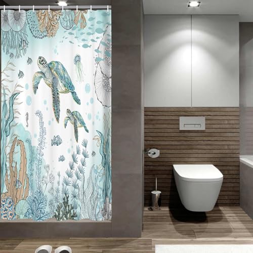 Image of Sea Turtle Shower Curtain, Funny Sea Animals Summer Nautical Shower Curtains for Kids, Teal Blue Ocean Beach Coastal Decorative Bathroom Curtain Sets Waterproof Fabric Machine Washable with Hooks