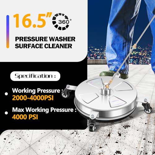 Image of 16 inch Pressure Washer Surface Cleaner with 4 Wheels - Stainless Steel Surface Cleaner for Pressure Washer Attachment for Concrete, Patio, Sidewalk, Deck, Driveways and Daily Washing - PWS 16