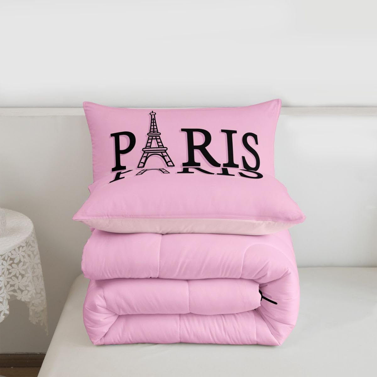 Feelyou Paris Bedding Set Eiffel Tower Comforter Set for Kids Boys Girls Teens Room Decor Paris Decor Black Pink Comforter Queen Size Valentines Duvet Set 3Pcs