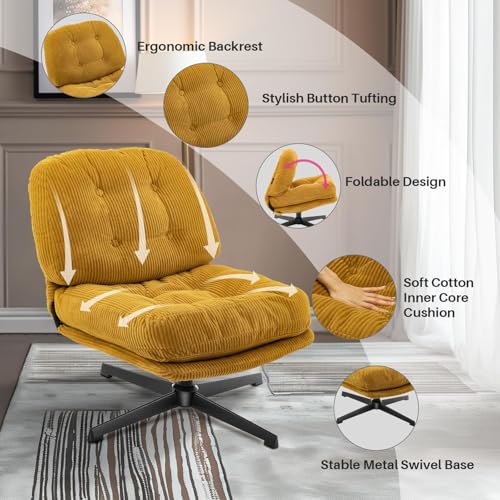 Redlife Swivel Accent Chair, Cross Legged Chair, 360° Swivel Bedroom Chair, Comfy Lounge Chair Lazy Upholstered Chairs, Modern Reading Chair Lounge Chair for Living Room, Bedroom (Yellow) - Thumbnail 4