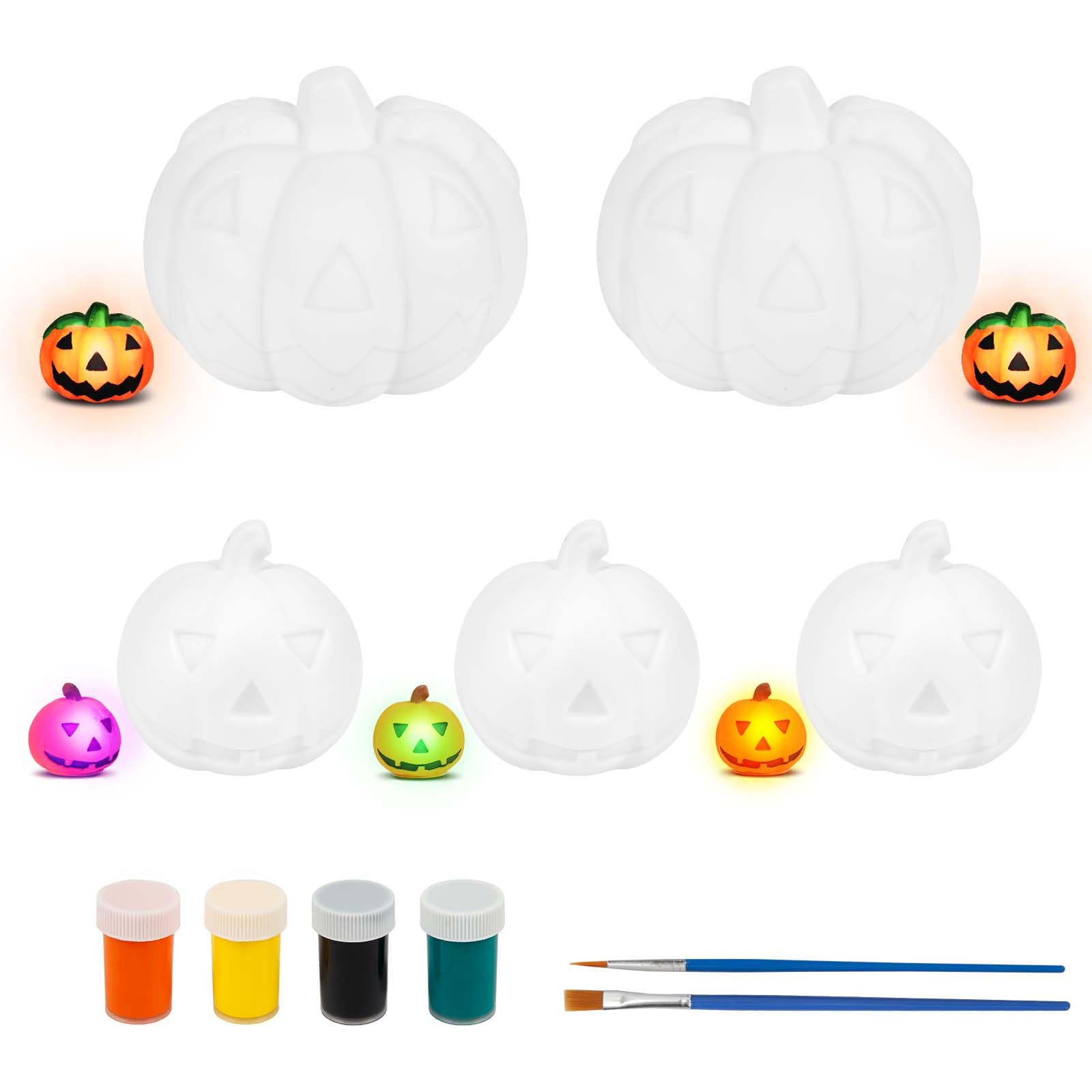 LOOPESHalloween Crafts for Kids - 5Pcs LED Artificial Pumpkins Light Up Decorations DIY Coloring Paint Kit With Brushes and Color Paints for Girls Boys