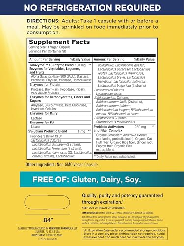 Renew Life Florazyme Digestive Enzymes with Probiotics | Doctor Formulated | Helps Occasional Gas, Bloating & Discomfort | Digestive & Immune Health | Dairy Free | 90 Vegan Capsules