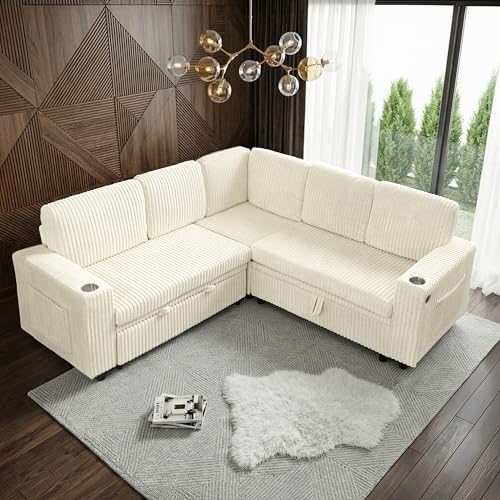 Image of Sectional Sleeper Sofa with Pull Out Bed, Modular Corner Sofa with Storage, Sectional Couches for Living Room, Convertible Sofa Bed for Living Room, Bedroom and Apartment, Beige