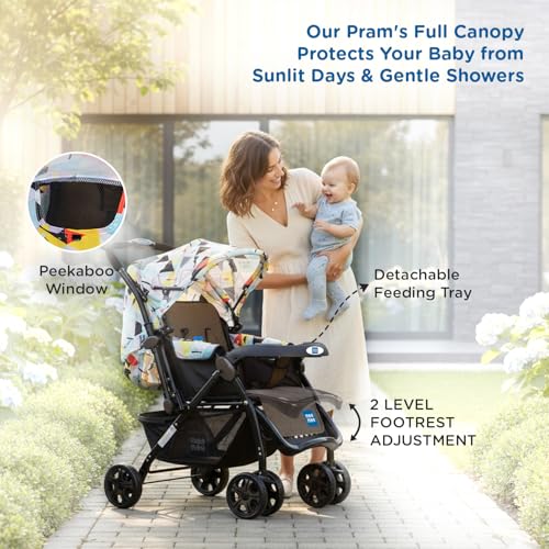 Image of Mee Mee Cozy Cruise Baby Stroller /Pram (Grey Black) | Premium Foldable Pram with 5-Point Harness, One-Hand Fold, Multi-Recline Cushioned Seat, Adjustable Canopy & 360 Wheels | 0-3 Yrs