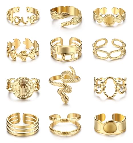 Besteel 18K Gold Plated Rings for Women, Stainless Steel Statement Rings Pack Stacking Boho Midi Rings Adjustable Open Ring Band Twisted Signet Rings Non Tarnish Gold Rings