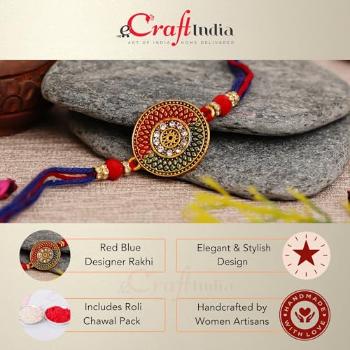 Image of eCraftIndia Red Blue Round Designer Rakhi for Brother Bhaiya Bhai | Roli Chawal Pack | Rakhi Combo