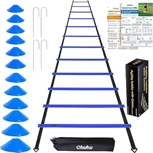 Ohuhu Agility Ladder Training Set – 12 Rung Speed Ladder with 12 Field Cones and 4 Stakes, Footwork Equipment for Soccer Football Drills (Ladder Set With Tutorial)