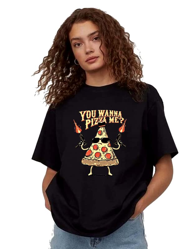 STYLECATForever Pizza Want me - Printed Cotton Round Neck T-Shirt | Graphic Printing (Color - Black) | Designer t Shirts Women