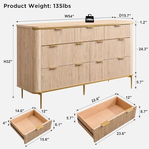 T4TREAM Fluted 7 Drawers Dresser for Bedroom, 54" Wide Modern Dresser TV Stand, Gold Accents, Fluted Fronts, Wood Storage Dressers Organizer for Bedroom, Living Room, Natural Oak - Image 2