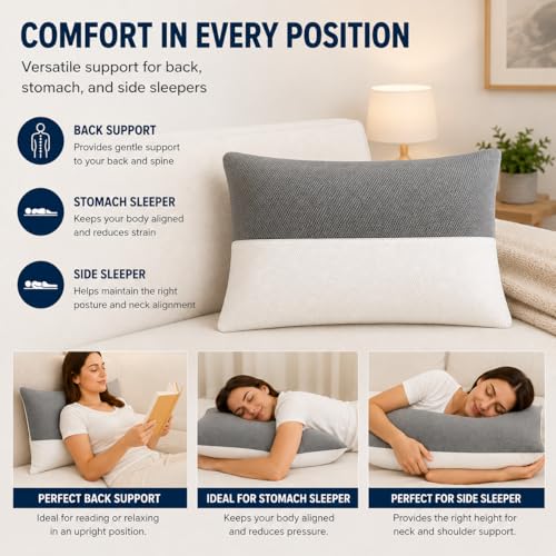 Image of Standard Sleeping Pillow Set of 1 with Adjustable Height | 27 x 16 Inch | Fluffy & Soft Siliconized Hollow Polyester Fiber, Jacquard Cover with Zip Closure - White & Grey