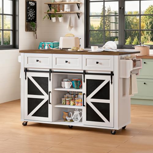 RALGEND Kitchen Island with Storage, 55' Kitchen Cart with Charging Station, Rolling Kitchen Island Table with Drop-Leaf, 3 Drawers, Barn Doors, Towel Rack and Spice Rack, White and Walnut