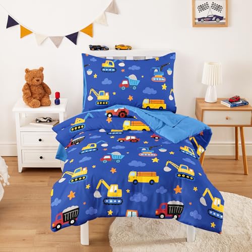 Image of Wake In Cloud - Toddler Bedding Set for Boys, Construction Car Excavator Truck, 4 Pieces Soft Crib Bed Set Including Comforter, Sheets and Pillowcase, Blue