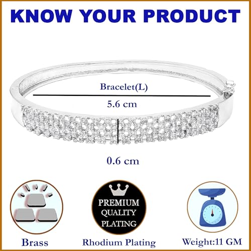 Image of ZENEME Rhodium-Plated Silver Toned American Diamond Studded Contemporary Kada Bracelet For Girls and Women