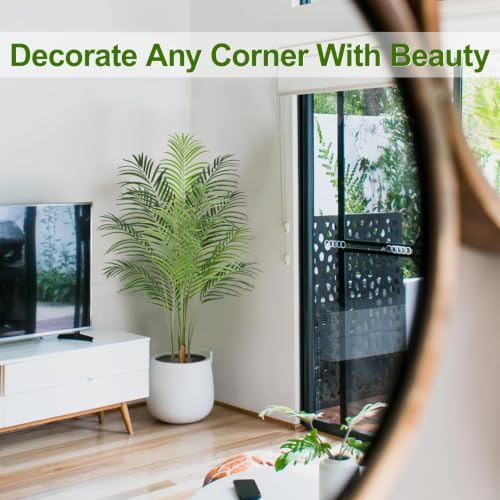 Image of Artificial Palm Tree 4ft Tall Fake Indoor Decor with 13 Trunks and Real Bark Design Faux Tropical Areca Silk Floor Plant in Pot for Home Office Living Room Bedroom 1pcs