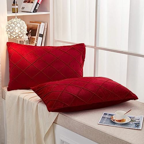 Image of AMICA Luxurious Diamond Pinch Pleated Crystal Velvet Pillowcases Solid Pintuck Throw Cushion Cover for Home Decor Hidden Zipper Closure (Red, 16'' X 24'' Inch)