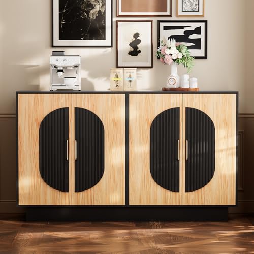 Image of 58 inch Fluted Modular Buffet Cabinet with Arched Doors & Gold Handles, Mid Century Modern Sideboard Credenza Storage with Adjustable Shelves, Wood Coffee Bar Console Table for Dining Living Room