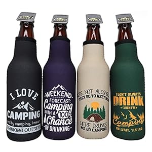 Camping Coolies Gifts for Men – Happy Camper Must Haves, Essential Camping Accessories, Small Useful Gifts for Couples Who Have Everything, 12 oz Bottle Coolies w Zipper,Insulated Bottle Cooler Sleeve
