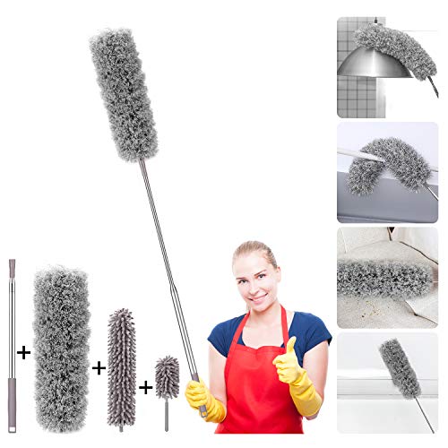 Tencoz Plumero Atrapapolvo Extensible, Microfibra Plumero de Limpieza con Mango de Acero Inoxidable de 2m, Plumero Lavable y Ligero para Techo Telaraña Persiana Muebles Coche