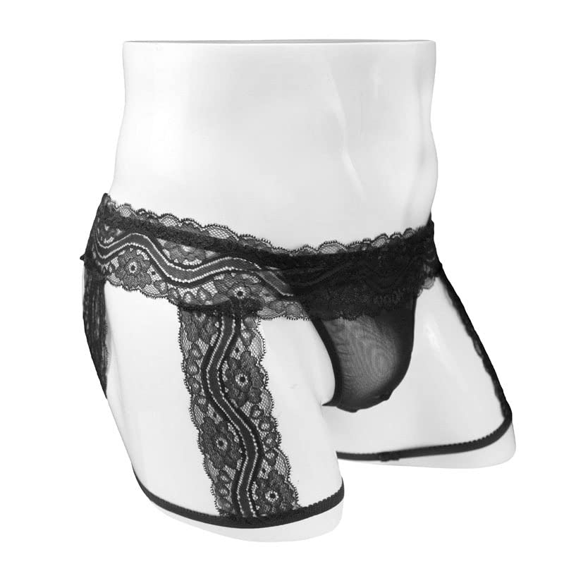 Men's Frilly Lace Sissy Panties Lingerie Thongs G String with Garter Belt T Back Underwear4