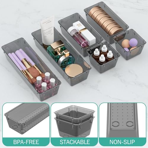 Image of Kienlix Desk Drawer Organizers Trays Set Clear Plastic Storage Bins Bathroom Drawer Tray Dividers Vanity Trays Organizer for Bedroom Dresser Makeup Kitchen Utensil Office (9pc Set (Black-2))