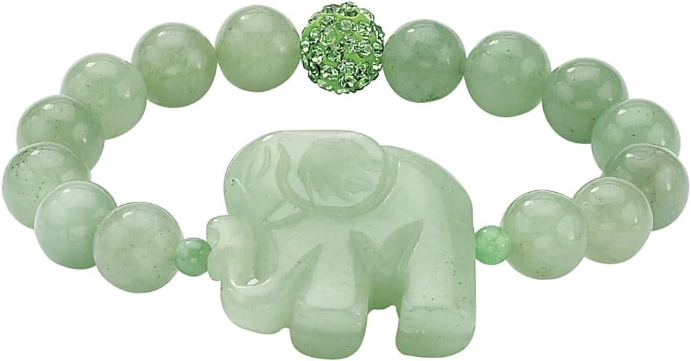 PalmBeach Genuine Green Agate and Simulated Emerald Elephant Stretch Bracelet (10mm), 8 inch Length