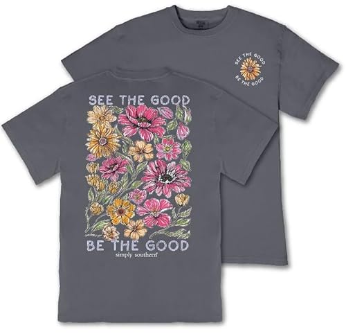 Simply Southern See The Good, Be The Good - Flowers - Adult T-Shirt (US, Alpha, Medium, Regular, Regular, Adult, Mineral Wash - Graphite)