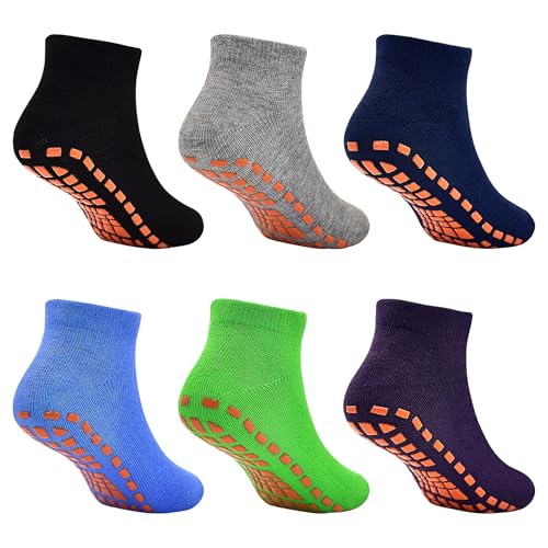 DECOVICI Kids Grip Ankle Socks, Unisex Trampoline Toddler Socks with Grips, Non-Slip Trainner Slipper Socks for Girls and Boys Age 2-13 Years 6 Pairs(Multicolor1,M)