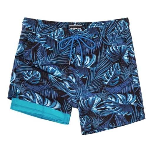 SURF CUZ Calção de banho masculino com forro de compressão, calção de banho de 12 cm, bolsos com zíper, short de banho de secagem rápida, Azul, preto, tropical, XX-Large