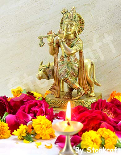 Stonkraft - Lord Krishna Kishan Kanha With Kamdhenu Cow Murti Idol Statue Sculpture - Brass - 8" - Multicolor #TOP1