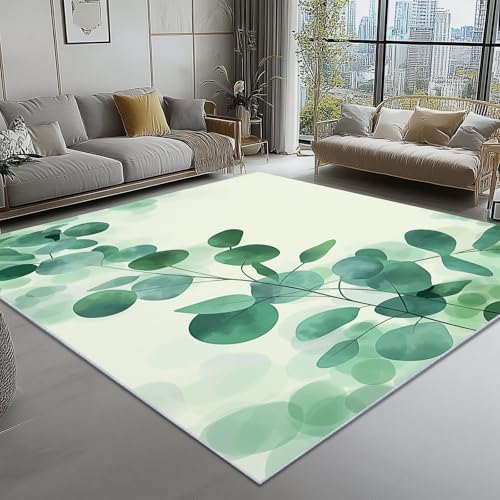 Alfombra de área Verde, para la decoración del Pasillo Alfombras 100 x 150 cm Interiores Antideslizantes Abstracto Geométrico Hoja de eucalipto Pelo Corto Lavables Alfombras de Sala de Estar
