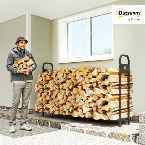 Miniatura 2 de Outsunny Estante De Leña Metálico, 200x30x120 Cm, Carga 300 Kg, Leñero Exterior Con Marco De Acero, Patas Extra Reforzadas Y Diseño Recortado De Fogata, Soporte Para Leña De Chimenea, Para Jardín